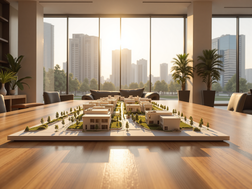 现代化社区鸟瞰图，绿树成荫，房屋整齐排列，阳光明媚，充满生机